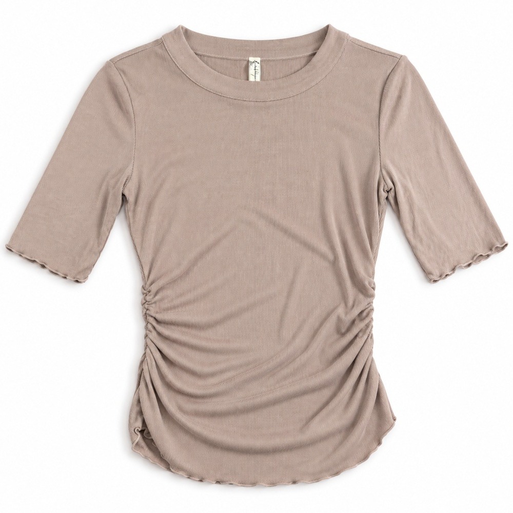 Free People Intimately Ribbed Ruched Top Womens Small Mauve Elbow Sleeve Lettuce
